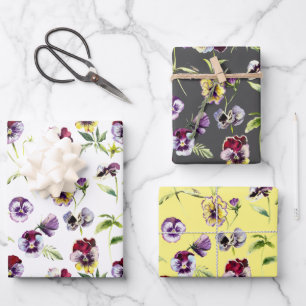 Hübsche Aquarellfarben Stiefmütterchen Muster Trio Geschenkpapier Set