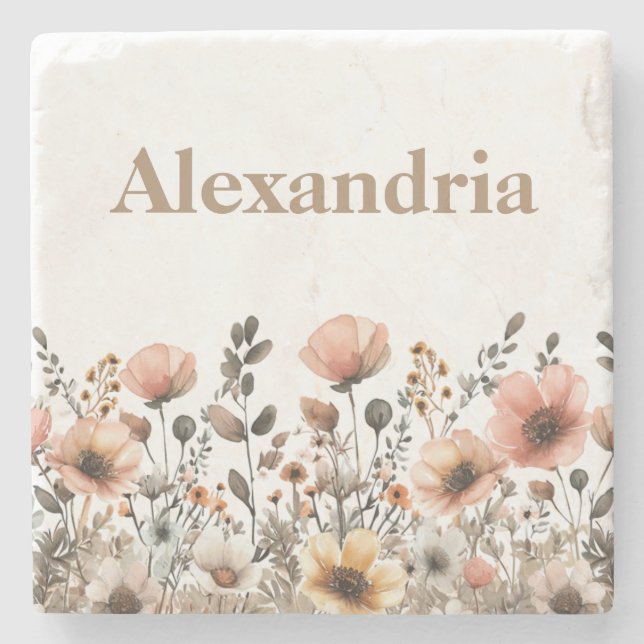 Hübsche Aquarellfarben-Wildblume neutral und rosa Steinuntersetzer (Vorderseite)