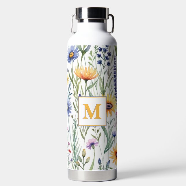 Hübsche Aquarellfarben Wildblumen Mit Monogramm Trinkflasche (Vorderseite)