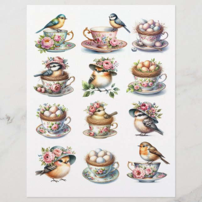 Hübsche Aquarellvögel in Hennen in Teakups (Vorderseite)