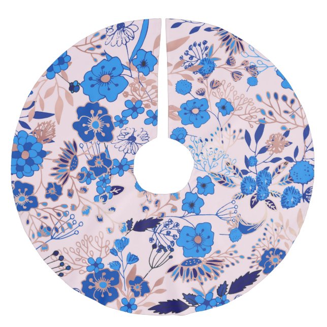 Hübsche azurblaue Blütenrosa Blütendarstellung Polyester Weihnachtsbaumdecke (Vorderseite)