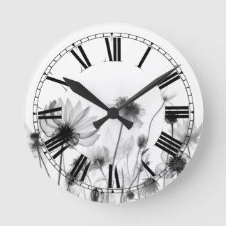 Hübsche B&W Röntgen-Wildblumen Runde Wanduhr