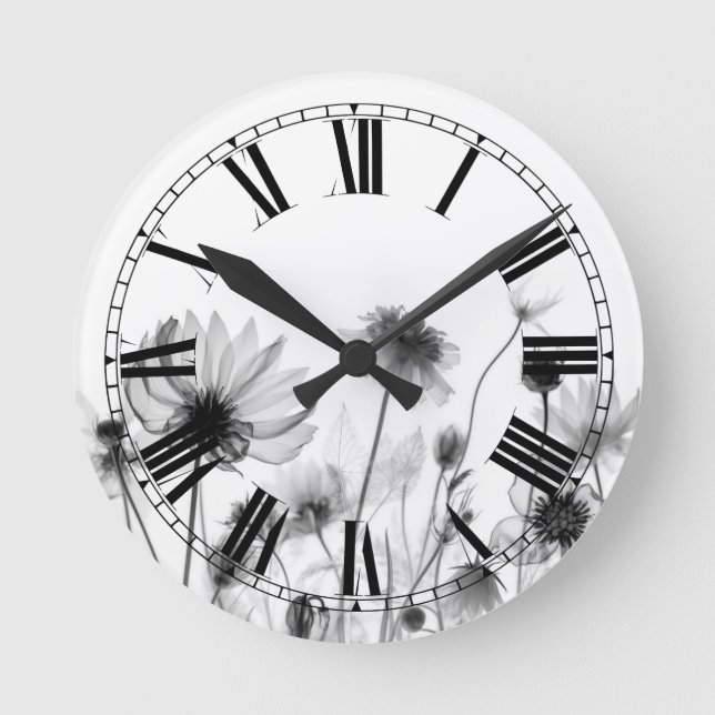Hübsche B&W Röntgen-Wildblumen Runde Wanduhr (Vorderseite)