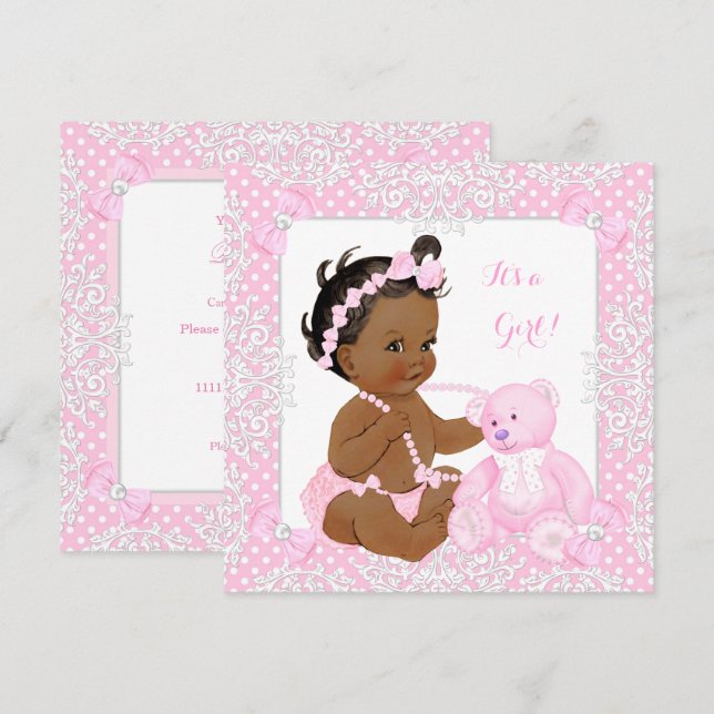 Hübsche Baby Dusche Girl Lace Pink Bear Ethnic Einladung (Vorne/Hinten)