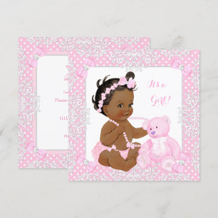 Hübsche Baby Dusche Girl Lace Pink Bear Ethnic Einladung