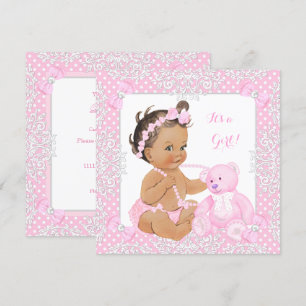 Hübsche Babydusche Girl Lace Pink Bear Brünett 2 Einladung