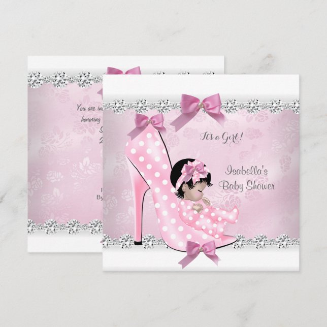 Hübsche Babydusche Mädchen Pink Diamant High Heel  Einladung (Vorne/Hinten)