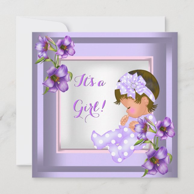 Hübsche Babydusche Niedlich Baby Girl Lila Floral Einladung (Vorderseite)