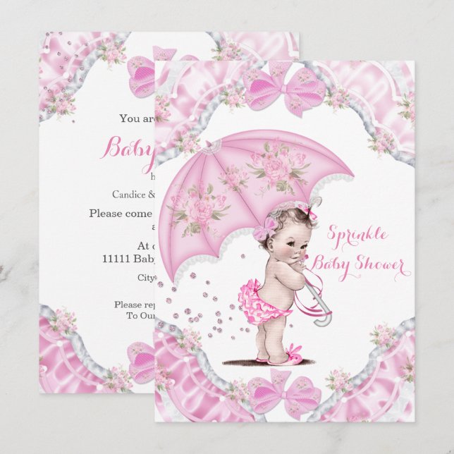 Hübsche Babydusche Rosa Sonnenschirm Blume Einladung (Vorne/Hinten)