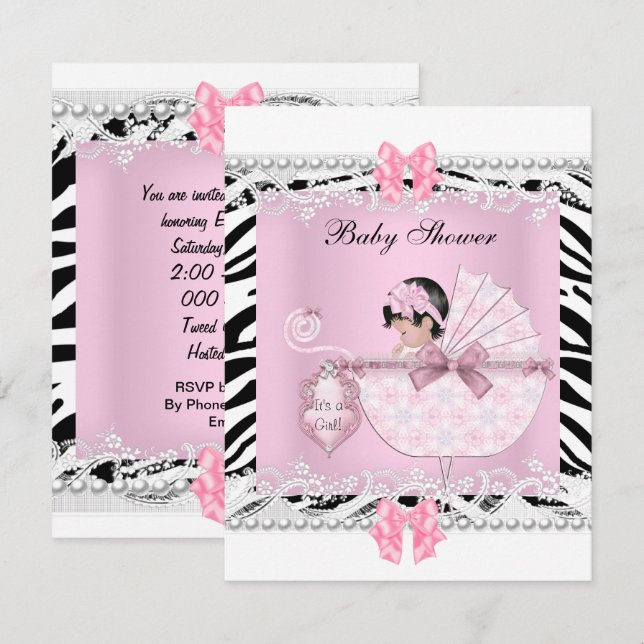 Hübsche Babydusche Zebra Baby Girl Pink Lace Einladung (Vorne/Hinten)