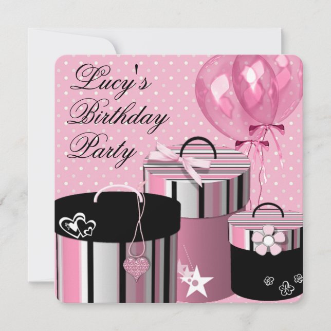 Hübsche Balloons geben Pink und Black Birthday Par Einladung (Vorderseite)