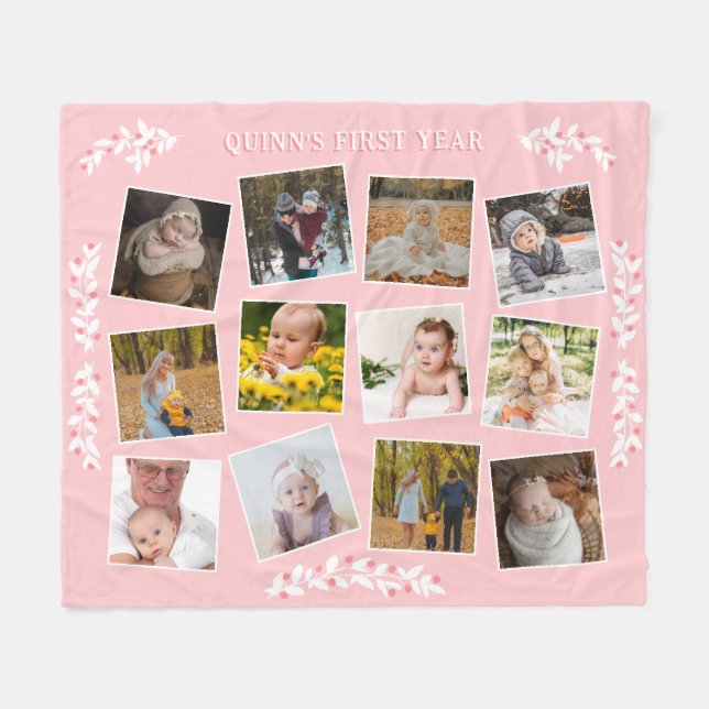 Hübsche Berry Twigs Pink Baby's First Year Fotos Fleecedecke (Vorderseite (Horizontal))