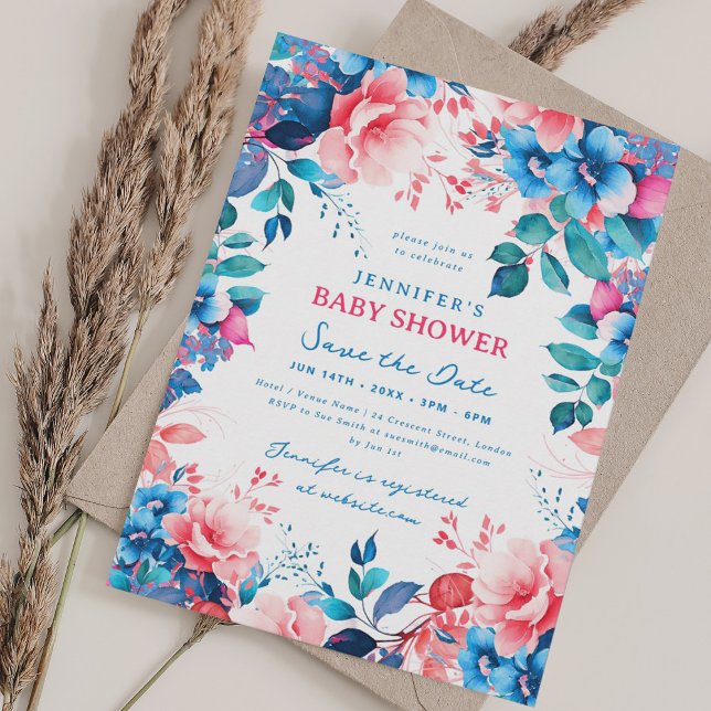 Hübsche BläserBaby-Dusche Blau Rosa Rett Datum Einladung (Pretty Floral Baby Shower Blue Pink Save Date Invitation)