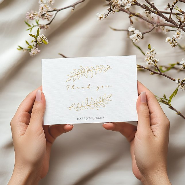 Hübsche Blätter, Hochzeit Dankeskarte (Gold leaf thank you card with elegant script and couple’s names)
