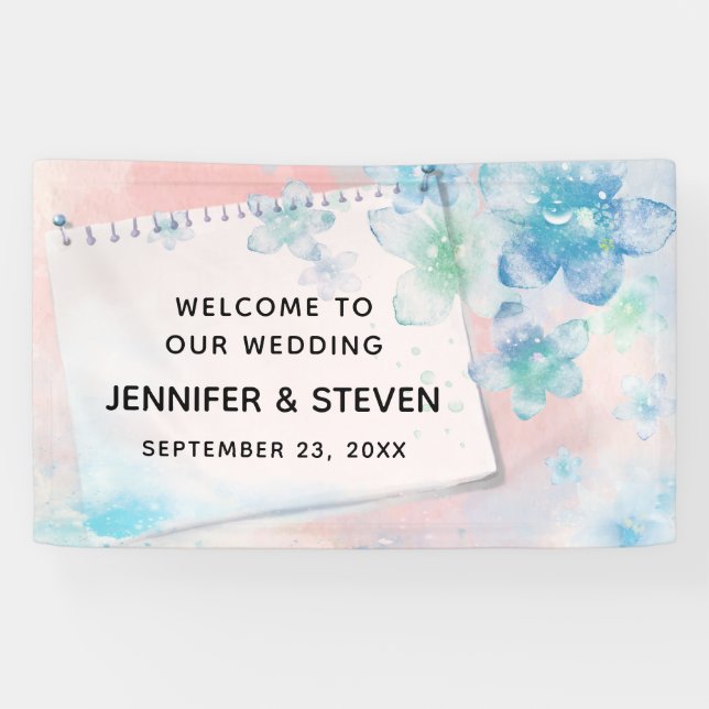 Hübsche blaue Blumen auf rosa Hintergrundhochzeit Banner (Horizontal)