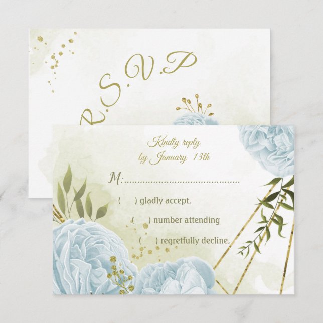 hübsche blaue Blumen grüne Blätter botanisch RSVP Karte (Vorne/Hinten)