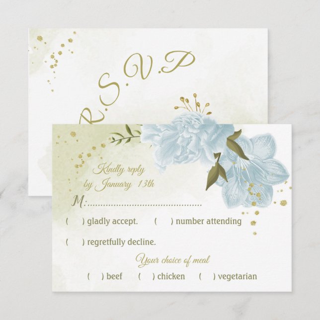 hübsche blaue Blumen grüne Blätter botanisch RSVP Karte (Vorne/Hinten)