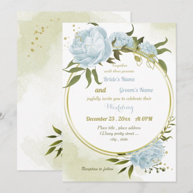 hübsche blaue Blumen Grüne geometrische Hochzeit Einladung (Vorne/Hinten)