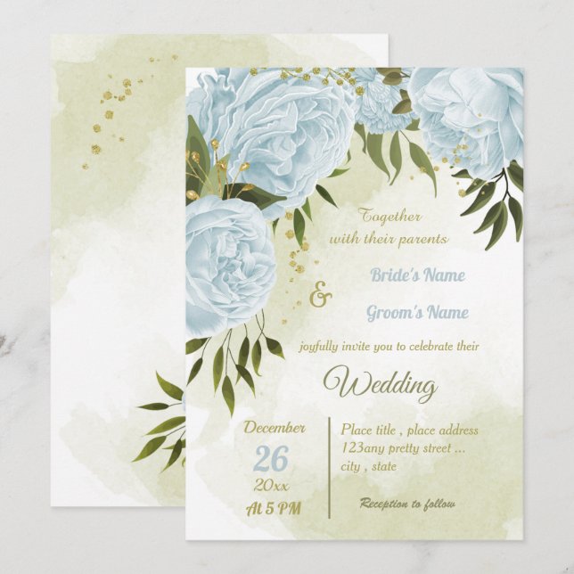 hübsche blaue Blumen Grüne geometrische Hochzeit Einladung (Vorne/Hinten)