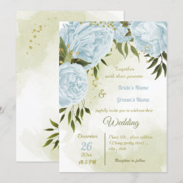 hübsche blaue Blumen Grüne geometrische Hochzeit Einladung