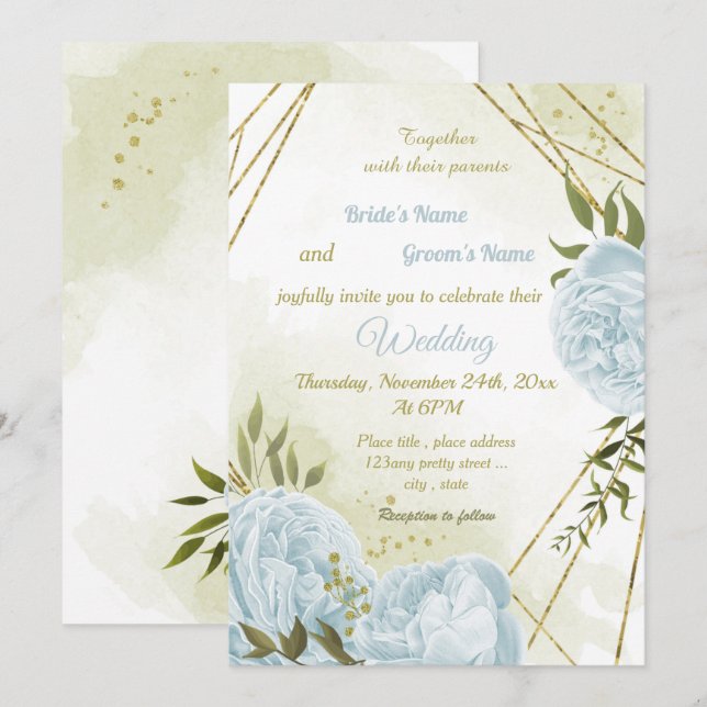 hübsche blaue Blumen Grüne geometrische Hochzeit Einladung (Vorne/Hinten)