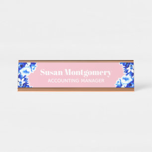 Hübsche blaue Blumen und Rosa Blüten PERSONALISI Schreibtischnamensplakette