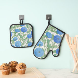 HÜBSCHE BLAUE CHRYSANTHEMUM BLUME OFENHANDSCHUH & Topflappen-Set