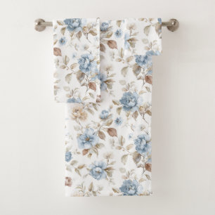 Hübsche Blaue Creme Beige Braune Blumen Badhandtuch Set
