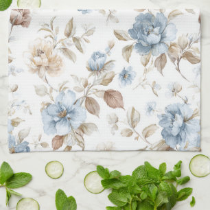 Hübsche Blaue Creme Beige Braune Blumen Geschirrtuch