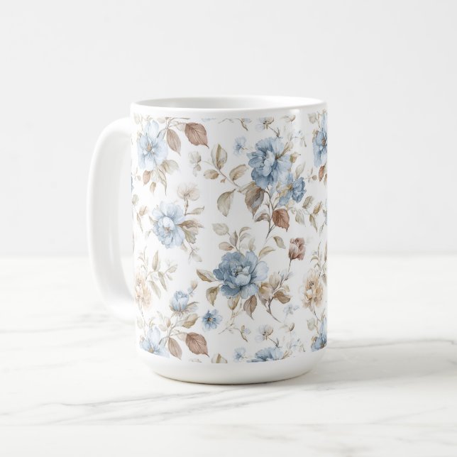 Hübsche Blaue Creme Beige Braune Blumen Kaffeetasse (Vorderseite Links)