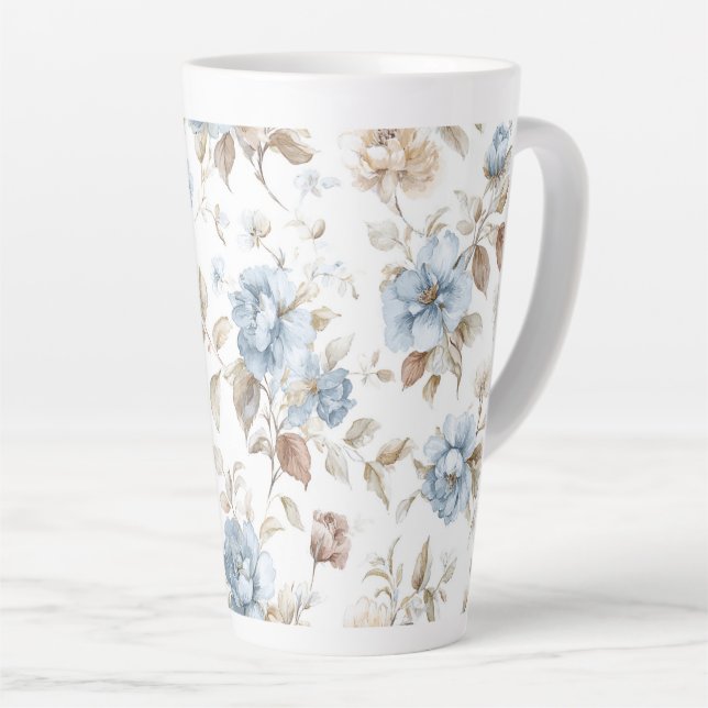 Hübsche Blaue Creme Beige Braune Blumen Milchtasse (Rechte Ecke)