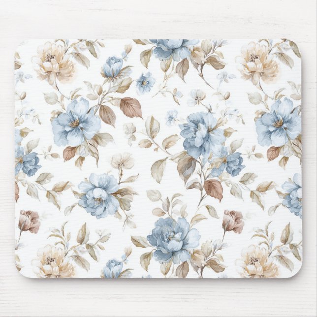 Hübsche Blaue Creme Beige Braune Blumen Mousepad (Vorne)