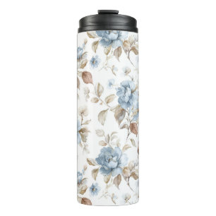 Hübsche Blaue Creme Beige Braune Blumen Thermosbecher