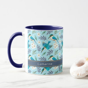 Hübsche Blaue Eisvogel-Vögel Florales Muster Name Tasse