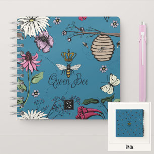 Hübsche Blaue Königin Biene & Krone Florales Monog Notizbuch