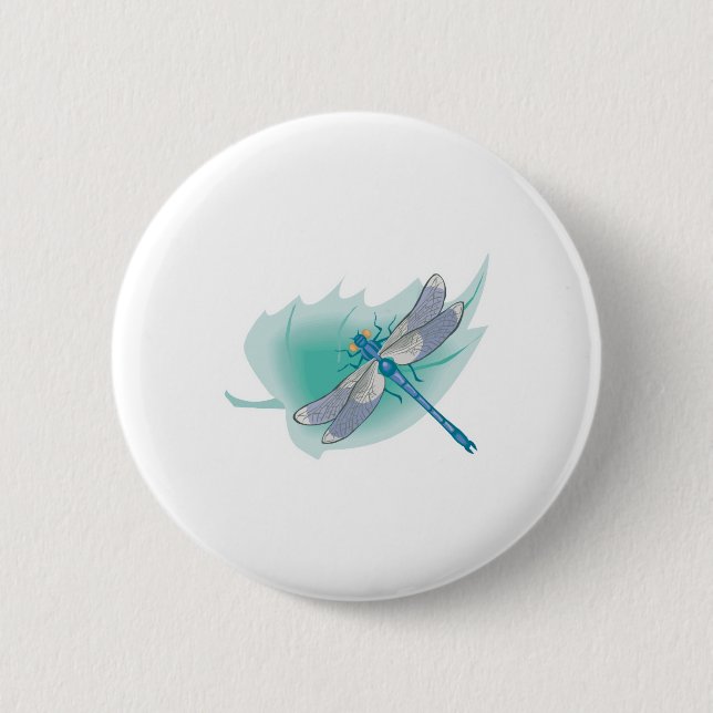 hübsche blaue Libelle auf einem Blatt Button (Vorderseite)