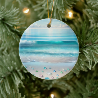Hübsche Blaue Ozeanwellen und Meerglas Personalisi Keramik Ornament