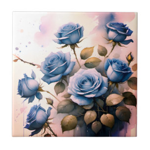 Hübsche blaue Rosen auf rosa Aquarellmalerei Fliese