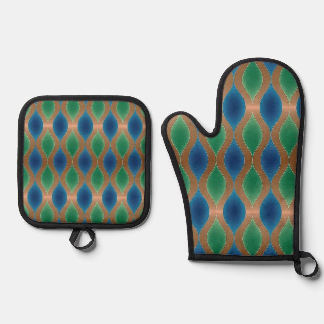 Hübsche blaue und grüne Küche Geschenkdekoration Ofenhandschuh & Topflappen-Set (Vorderseite)