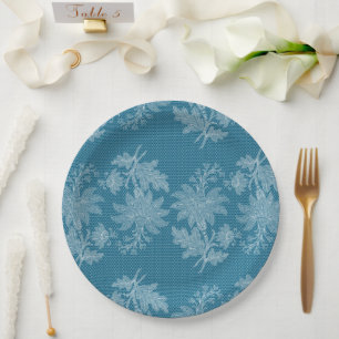 Hübsche blaue weiße Blumen-Faux-Spitze Hochzeit Pappteller