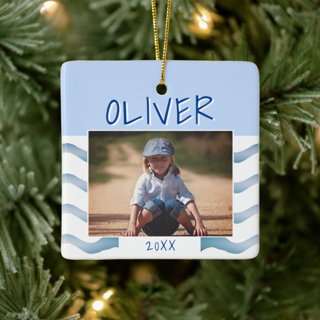 Hübsche blaue Wellen Junge Foto Kinder Weihnachten Keramikornament (Baum)