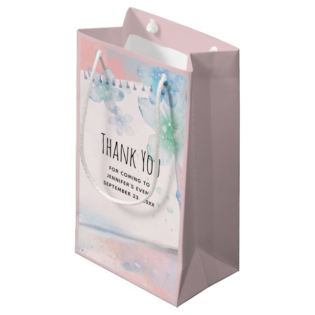 Hübsche Blautönen im rosa Hintergrund Vielen Dank Kleine Geschenktüte (Vorderseite Schrägansicht)