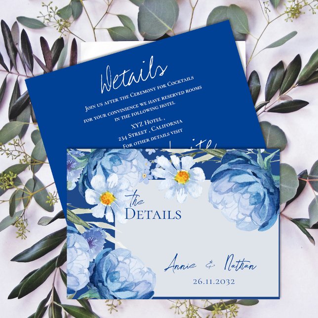 Hübsche Blautönen Trendy Blumenzwiebeldetails Begleitkarte (Pretty Blue Flowers Trendy Floral Wedding Details Enclosure Card)