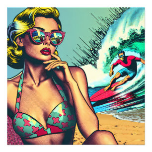 Hübsche Blonde Retro Frau und Surfer Typ Fotodruck