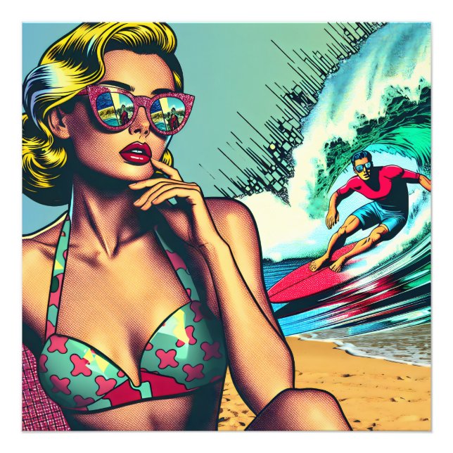 Hübsche Blonde Retro Frau und Surfer Typ Fotodruck (Vorne)