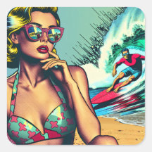 Hübsche Blonde Retro Frau und Surfer Typ