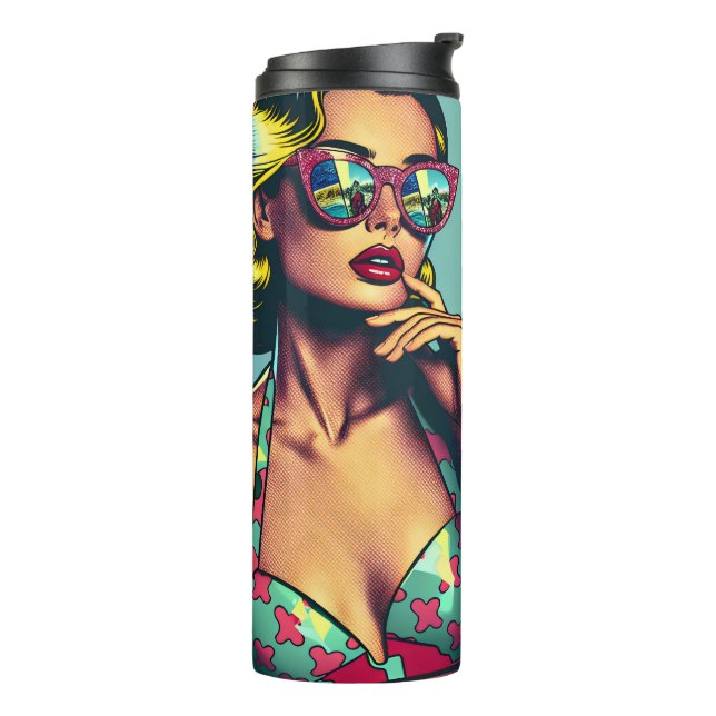 Hübsche Blonde Retro Frau und Surfer Typ Thermosbecher (Nach links gedreht)