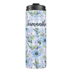 HÜBSCHE BLUE-BLUMEN MIT KARIERTEN PATTERN THERMOSBECHER