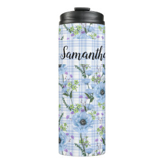 HÜBSCHE BLUE-BLUMEN MIT KARIERTEN PATTERN THERMOSBECHER
