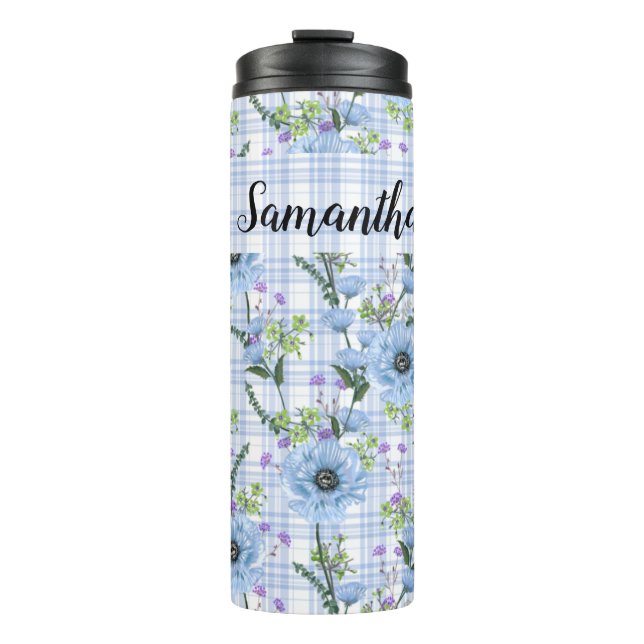 HÜBSCHE BLUE-BLUMEN MIT KARIERTEN PATTERN THERMOSBECHER (Vorderseite)